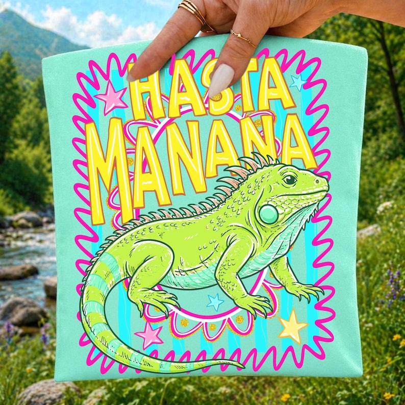 Close-up of the Hasta Mañana Iguana digital design with retro stars and bold colors