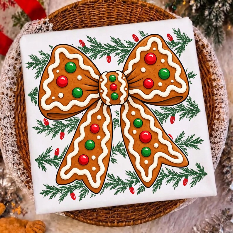 Image of Gingerbread Bow Christmas PNG, Christmas Cookie Bow Sublimation, Cute Holiday Digital Download