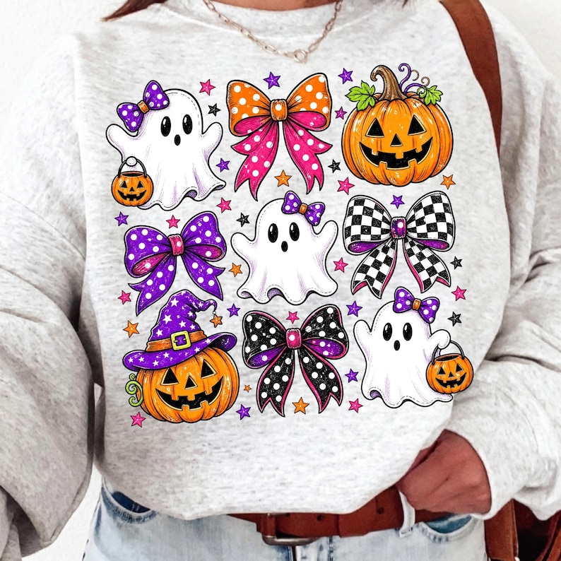 Image of Preppy Halloween PNG, Coquette Ghost Bow Sublimation, Cute Pumpkin Halloween Collage, Girly Spooky Season Digital Download