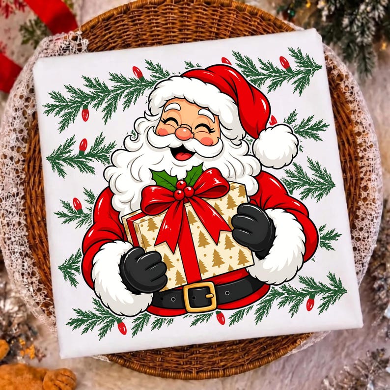 Image of Vintage Santa PNG, Retro Santa Claus with Gift, Christmas Shirt Sublimation Design, Holiday Digital Download