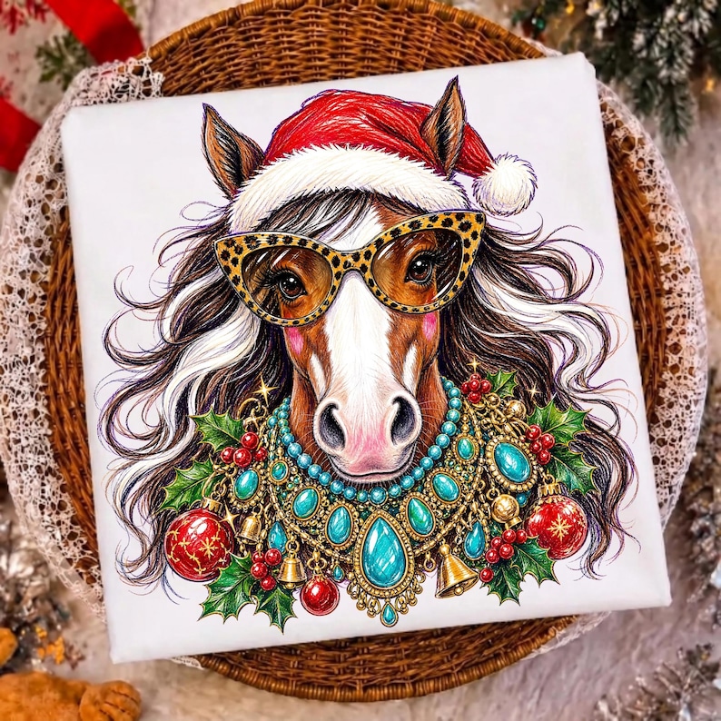 Christmas Horse PNG Western Sublimation Design with Leopard Glasses