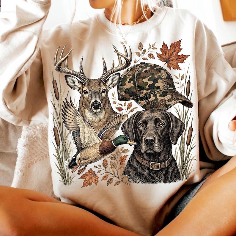 May include: A cream-colored sweatshirt featuring a graphic print of a deer, a mallard duck, a black Labrador retriever wearing a collar, and a camouflage baseball cap, all surrounded by cattails and autumn maple leaves.