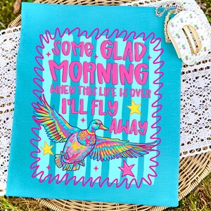 Pu&ograve; includere: Una t-shirt turchese con la grafica di un'anatra in volo dal piumaggio vivace e multicolore. Il testo recita: SOME GLAD MORNING WHEN THIS LIFE IS OVER I'LL FLY AWAY. Il design include stelle rosa e un bordo rosa ondulato.