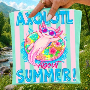 axolotl summer png, summer sublimation, kawaii axolotl, beach shirt design, pink salamander, animal pun clipart, digital download, dtf transfer, kids shirt design, tropical axolotl, funny summer png, axolotl lover gift, pool party art