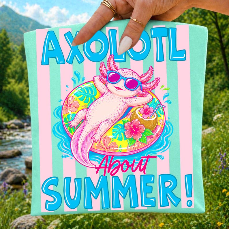 Digital download graphic of an axolotl wearing sunglasses for summer apparel crafting.