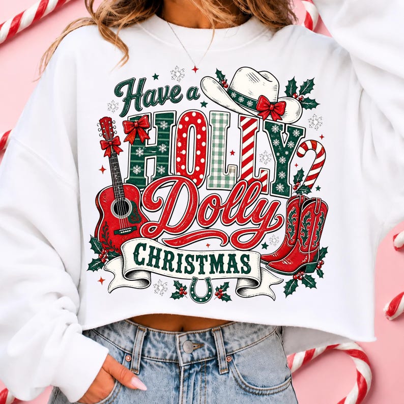 Image of Have a Holly Dolly Christmas PNG, Western Cowgirl Christmas Sublimation, Cowboy Boots Guitar Holiday Design, Digital Download