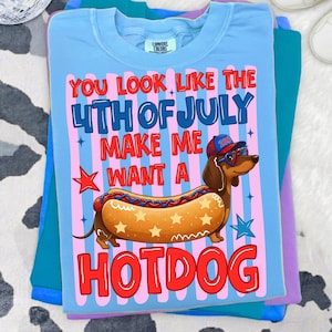 Op de afbeelding: Een lichtblauw t-shirt met een afbeelding van een teckel in een hotdogbroodje. De tekst luidt: YOU LOOK LIKE THE 4TH OF JULY MAKE ME WANT A HOTDOG. De hond draagt een blauwe pet en hartvormige bril. Rode en blauwe sterren sieren het ontwerp.