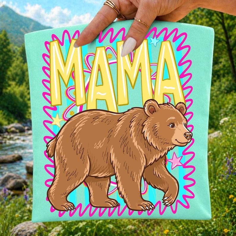 Close-up of Pink Seersucker Stripe Mama Bear Sublimation Design