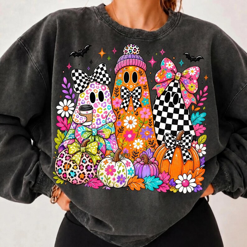 Preppy Halloween Ghost PNG on a phone case and t-shirt mockup