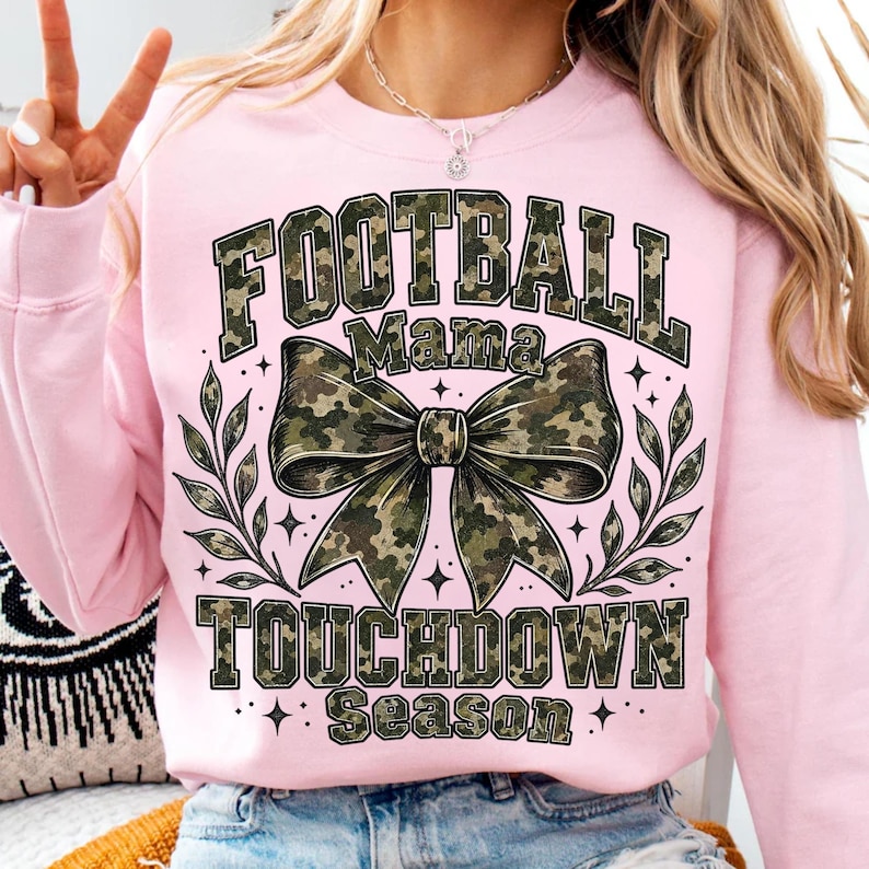 Image of Football Mama Bow PNG, Camo Football Mom Sublimation, Touchdown Season Game Day PNG, Fall Sports Digital Download