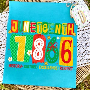 May include: A bright turquoise t-shirt featuring the text JUNETEENTH in colorful, textured block letters above the large numbers 1866. Below, the words HISTORY, CULTURE, EXCELLENCE, and RESPECT are printed in red, green, and yellow colors.