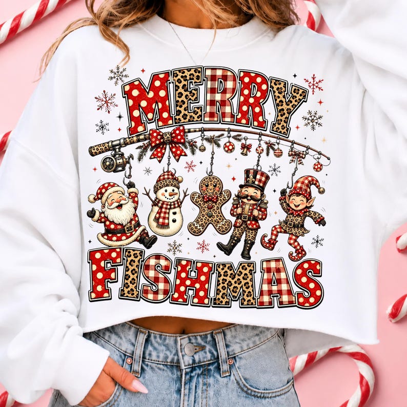 Image of Merry Fishmas PNG, Christmas Fishing Sublimation, Santa Snowman Gingerbread Holiday Shirt Design, Digital Download