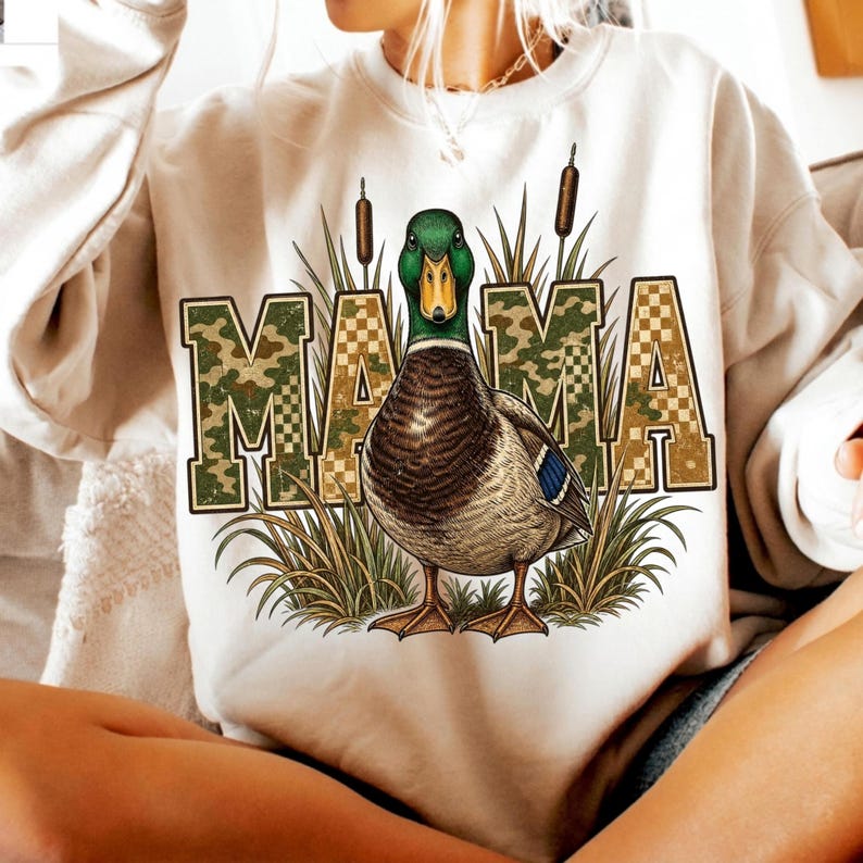 Camo Duck Mama PNG on a t-shirt, perfect for hunting season apparel.