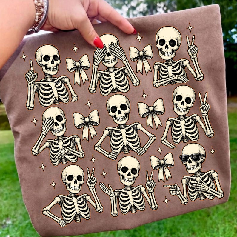 Image of Halloween Skeleton PNG, Spooky Season Sublimation, Creepy Cute Skeleton Collage, Girly Halloween Digital Download