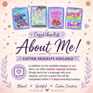 May include: An informational graphic for CozyVibesArts featuring the text About Me! and Custom Requests Available. It displays four t-shirt designs with graphics including American Honey, Battery Life of a Teacher, Summer Vibes, and Easter.