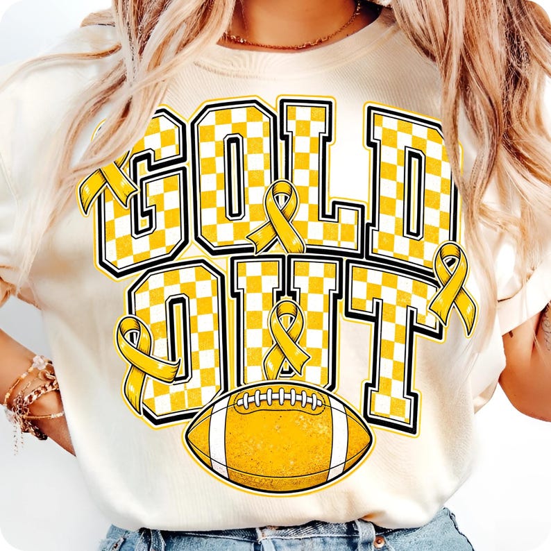 Image of Football Gold Out PNG, Childhood Cancer Awareness Ribbon Sublimation Design
