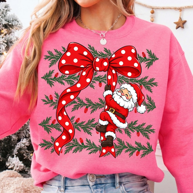 Image of Santa Bow PNG, Coquette Christmas Santa Sublimation, Red Polka Dot Ribbon Holiday Design, Merry Christmas Digital Download