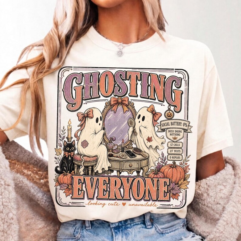 Image of Ghosting Everyone PNG, Coquette Halloween Ghost Sublimation, Cute Spooky Season Shirt Design, Vintage Fall Digital Download