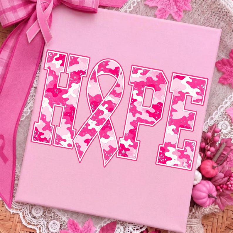 Image of Hope Breast Cancer Awareness PNG, Pink Camo Ribbon Sublimation, October Pink Shirt Design, Cancer Support Digital Download