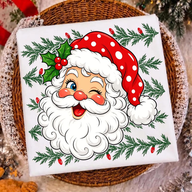 Image of Santa Christmas Polka Dots PNG, Retro Winking Santa Face, Trendy Holiday Sublimation Design, Aesthetic Distressed Xmas Digital Download