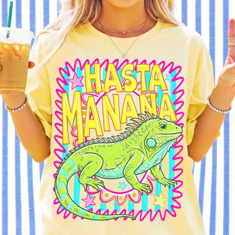 Mockup displaying the Hasta Mañana Iguana design on various items like mugs, shirts, and totes
