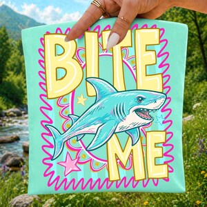 Bite Me Shark PNG Funny Summer Beach Design Coastal Striped Aesthetic Trendy Shark Graphic Sublimation DTF Digital File Preppy Summer Shirt image 5