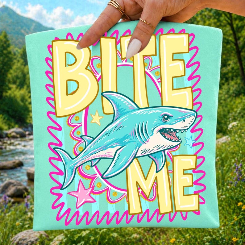 Bite Me Shark PNG Funny Summer Beach Design Coastal Striped Aesthetic Trendy Shark Graphic Sublimation DTF Digital File Preppy Summer Shirt image 5