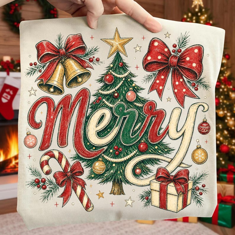 May include: A cream-colored fabric square featuring a festive illustration with the word Merry in red and gold script. The design includes a central green Christmas tree, gold bells with red bows, a candy cane, a gift box, and ornaments.