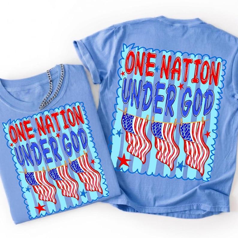 Mockup of a woman wearing a t-shirt with the 'One Nation Under God' patriotic Christian PNG design, perfect for 4th of July.