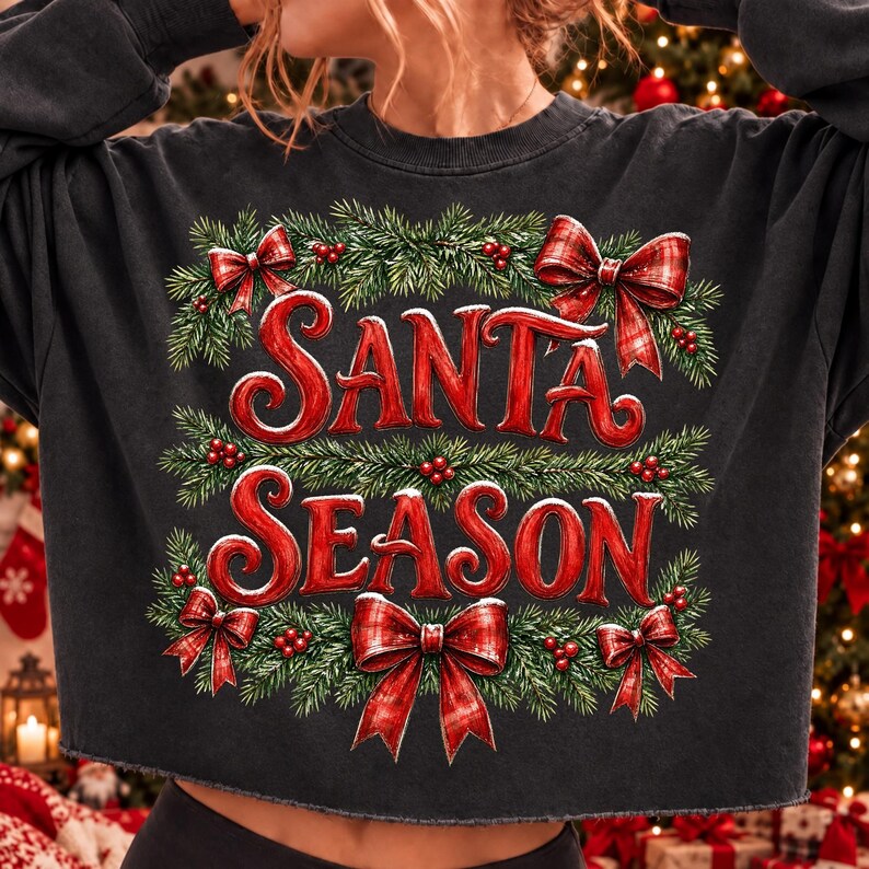 Image of Santa Season PNG, Red Plaid Bow Christmas Sublimation, Evergreen Holly Holiday Shirt Design, Vintage Christmas Digital Download