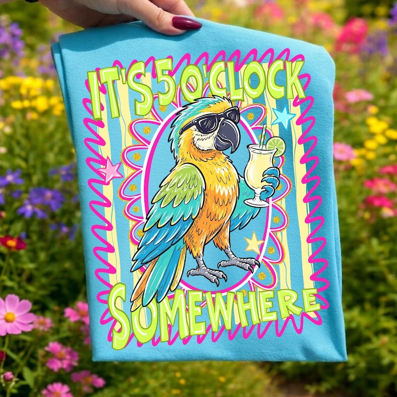 Image of Funny Retired Parrot PNG Striped Summer Sublimation It's 5 o'clock Somewhere Tropical Sunset Clipart Beach Vibes Boutique Girly Digital Art