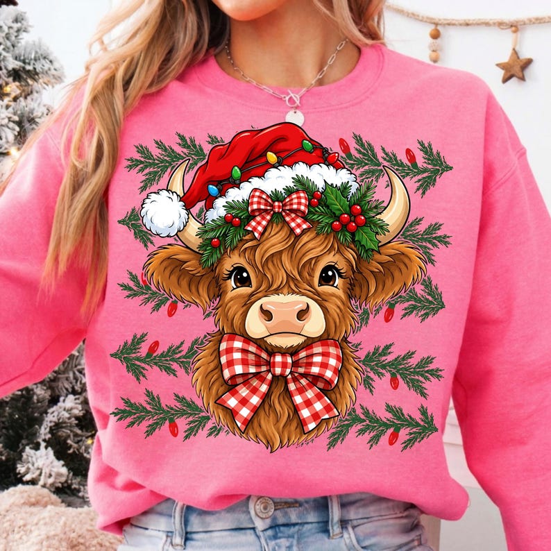 Image of Coquette Christmas Highland Cow PNG, Western Christmas Highland Cow Sublimation Design