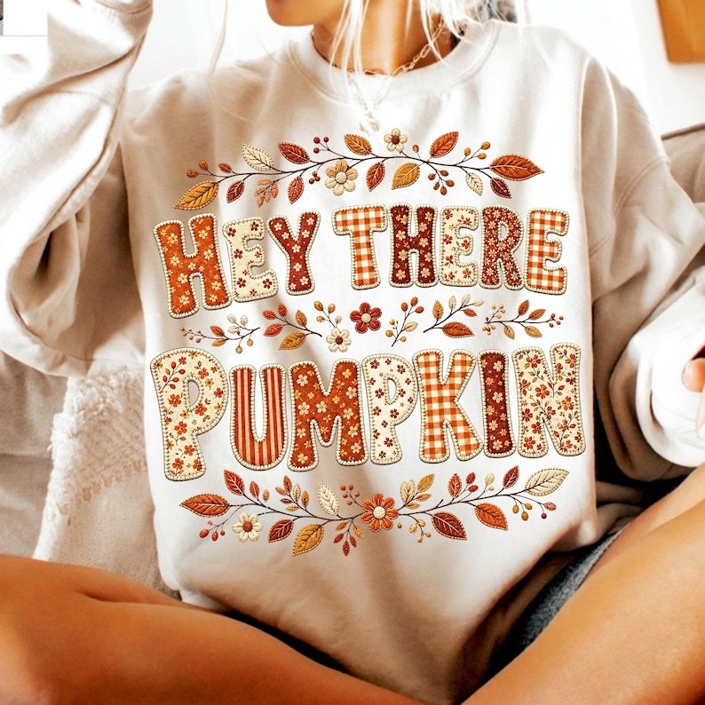 Image of Hey There Pumpkin PNG, Retro Floral Fall Sublimation, Gingham Autumn Shirt Design, Cute Thanksgiving Digital Download