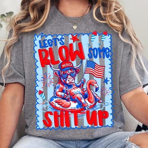May include: A heather gray t-shirt featuring a graphic of a highland cow wearing a red 'MERICA' cap and heart-shaped sunglasses, floating on a flamingo pool float while holding a beer. The text reads 'LET'S BLOW SOME SHIT UP' with fireworks and a flag.