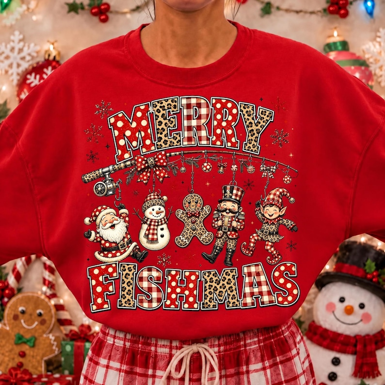 Image of Merry Fishmas PNG, Christmas Fishing Sublimation, Santa Snowman Gingerbread Holiday Shirt Design, Digital Download