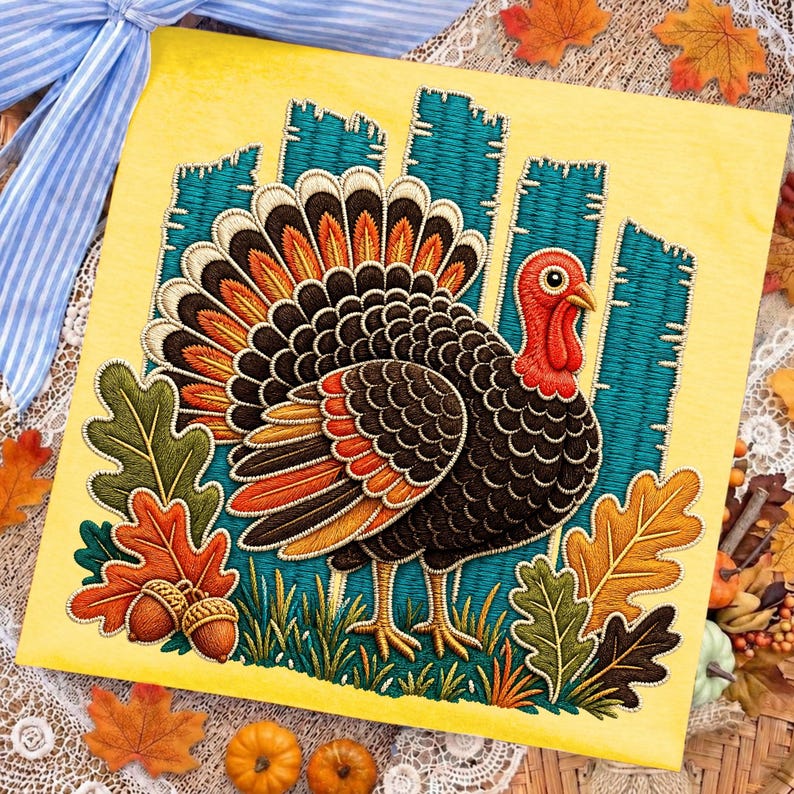 Vintage Embroidery Style Thanksgiving Turkey PNG Design