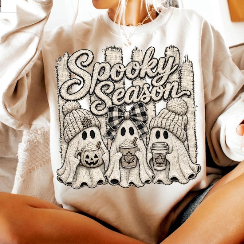 Image of Spooky Season Ghost PNG, Cozy Fall Ghost Sublimation, Halloween Coffee Shirt Design, Retro Autumn Digital Download
