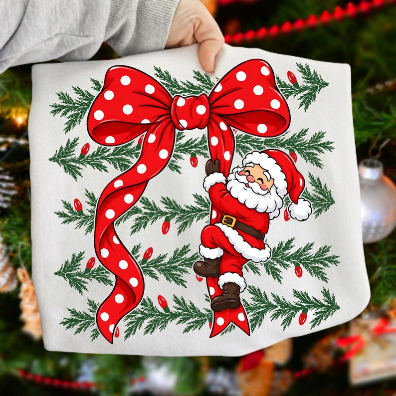 Coquette Santa Bow PNG Sublimation Design featuring red polka dot ribbon