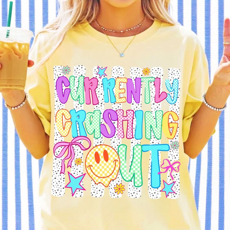 Personalized mug design showcasing the colorful 'Currently Crashing Out' teacher humor clipart.