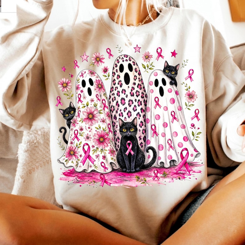 Image of Breast Cancer Ghosts PNG, Pink Ribbon Halloween Sublimation, Floral Leopard Ghost Black Cat Awareness Digital Download