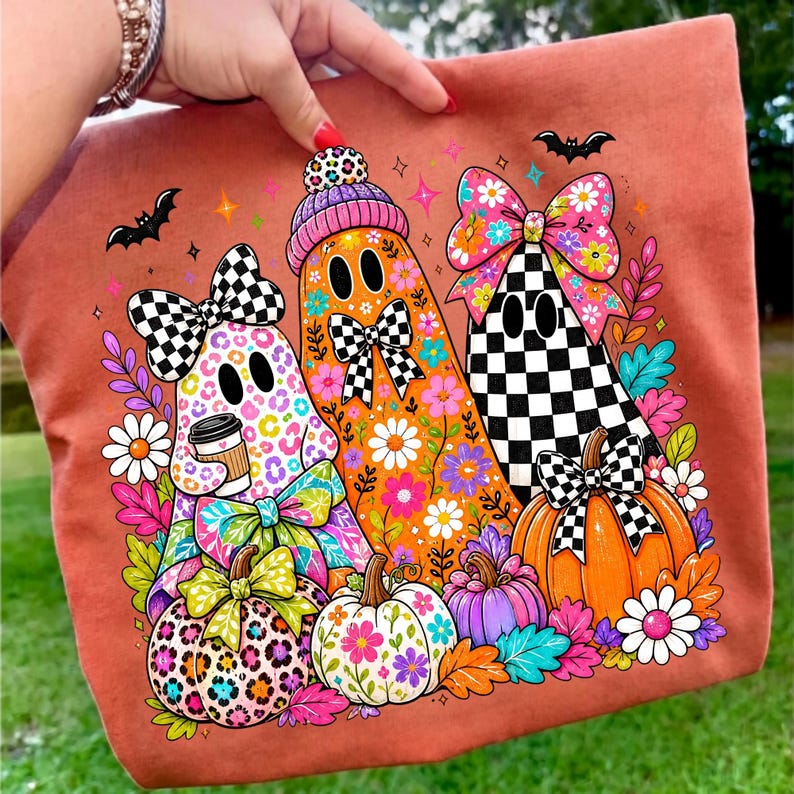 Puede incluir: Un bolso tote de color naranja quemado con un estampado gr&aacute;fico de tres fantasmas. Un fantasma tiene un patr&oacute;n de leopardo, otro es naranja con flores y otro tiene un patr&oacute;n de cuadros blanco y negro. Est&aacute;n rodeados de calabazas, lazos y murci&eacute;lagos.