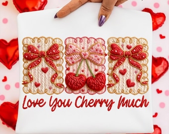 Latch Hook Faux Yarn Love You Cherry Much PNG, Crochet Coquette Heart Sublimation, Sweet Cherry Love Watercolor Bow Trendy Design