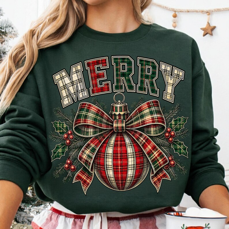Image of Merry Christmas PNG, Plaid Christmas Ornament Sublimation, Retro Holiday Shirt Design, Digital Download