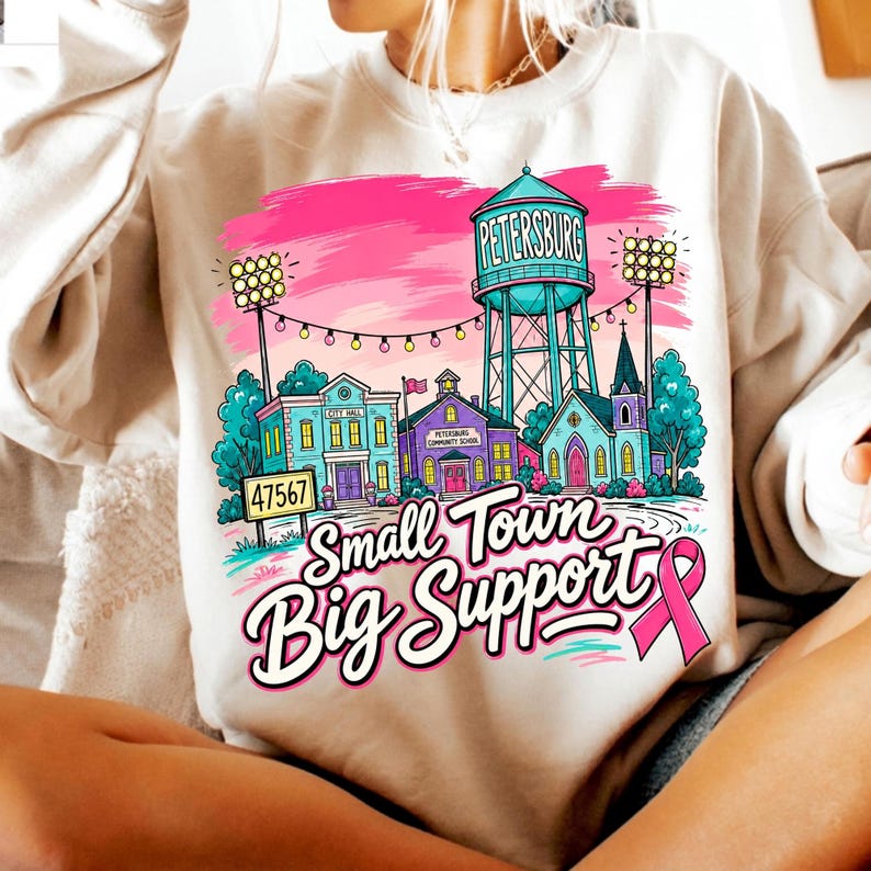 Image of Custom Small Town Big Support Shirt, Personalized Pink Out Breast Cancer Awareness Tee, Hometown Pink Ribbon Game Day Shirt