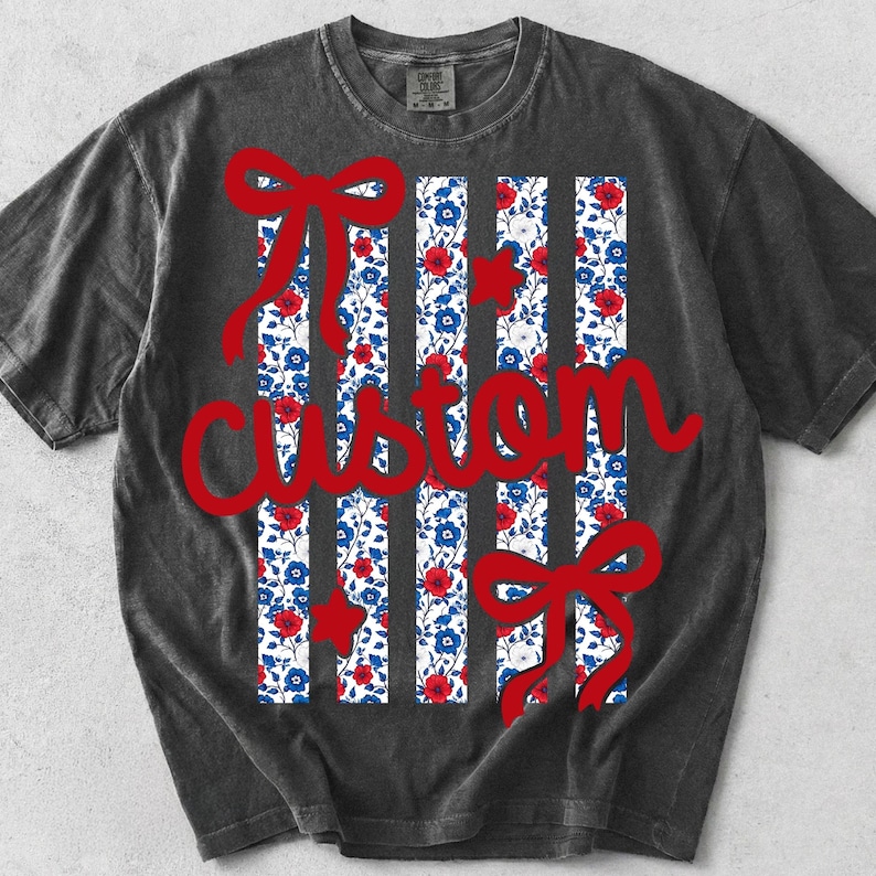 Image of Custom 4th of July Name PNG Custom Patriotic Coquette Bow Sublimation Design Retro Striped USA Shirt PNG Personalized July 4 Text Clipart