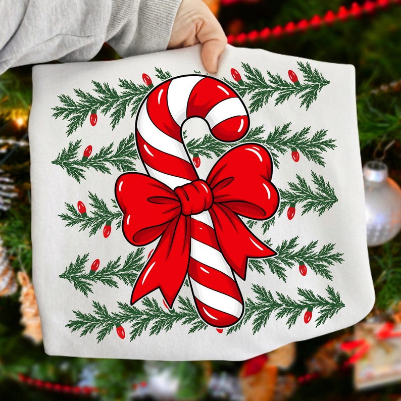 May include: A white t-shirt featuring a central graphic of a red and white striped candy cane tied with a large red bow. The background of the design consists of horizontal rows of green pine branches interspersed with small red Christmas light bulbs.