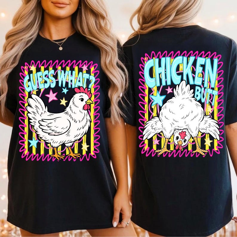 Mockup of various apparel and items, including a t-shirt and tote bag, showcasing the 'Guess What Chicken Butt' retro summer sublimation designs.