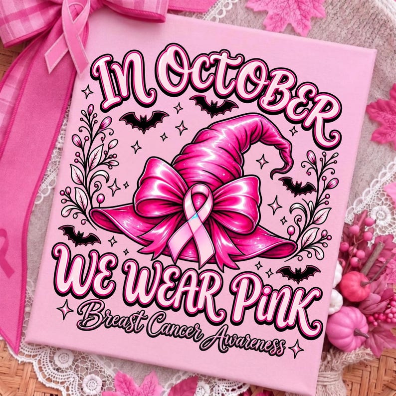 Image of October Breast Cancer Awareness Sweatshirt, Pink Ribbon Halloween Shirt, Witch Hat Crewneck, Wear Pink Support Shirt, Pink October Gift