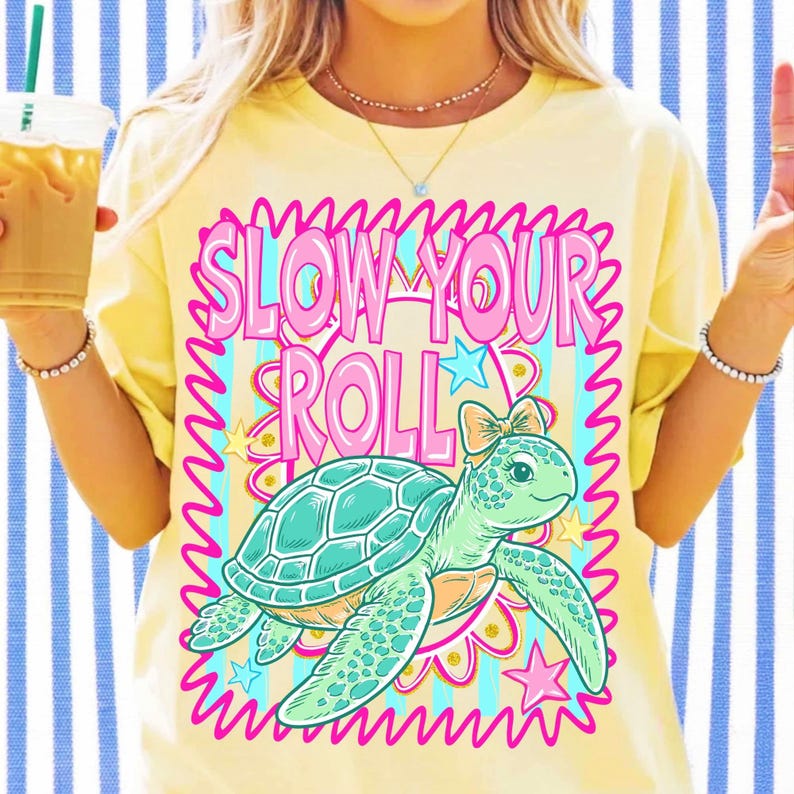 Cute watercolor sea turtle PNG design with 'Slow Your Roll' text on a summer shirt