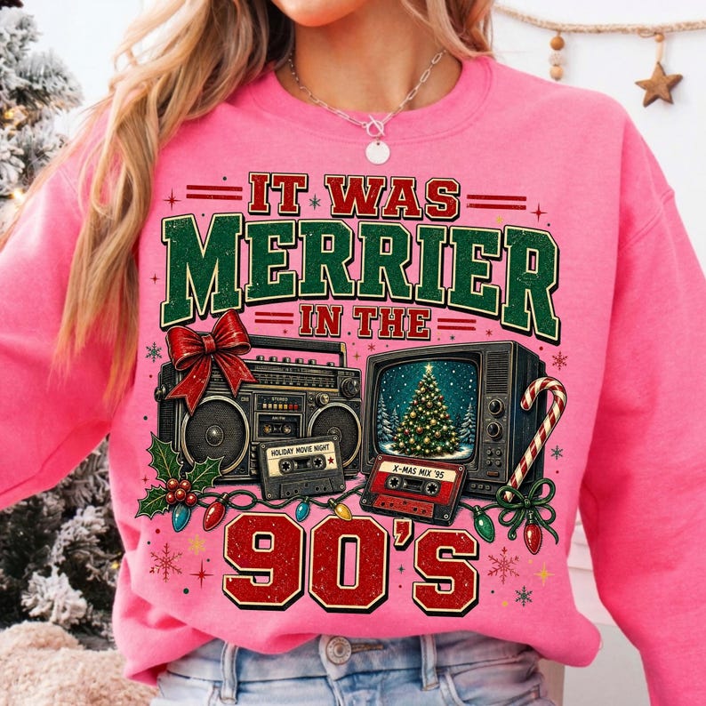 Image of It Was Merrier in the 90s Christmas Sweatshirt, Retro 90s Holiday Crewneck, Vintage Style Christmas Pullover, Nostalgic Xmas Gift